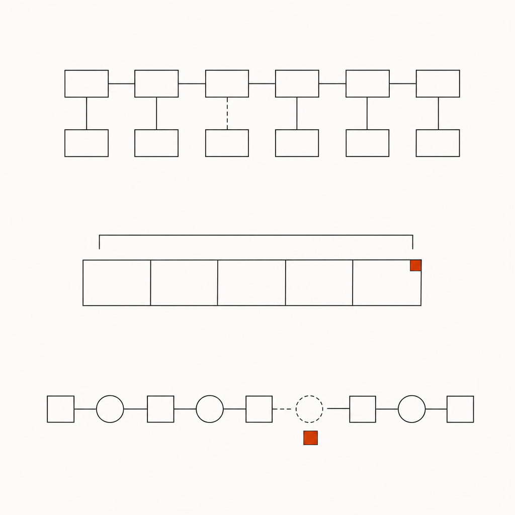 Line diagram of three checks, with unmatched items marked