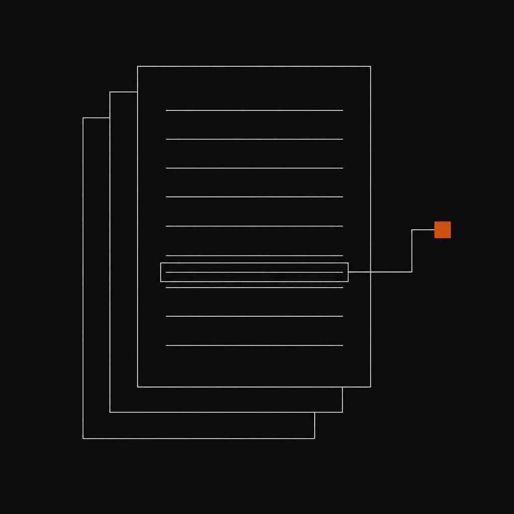 Line diagram of a stack of source documents with one row bracketed and marked