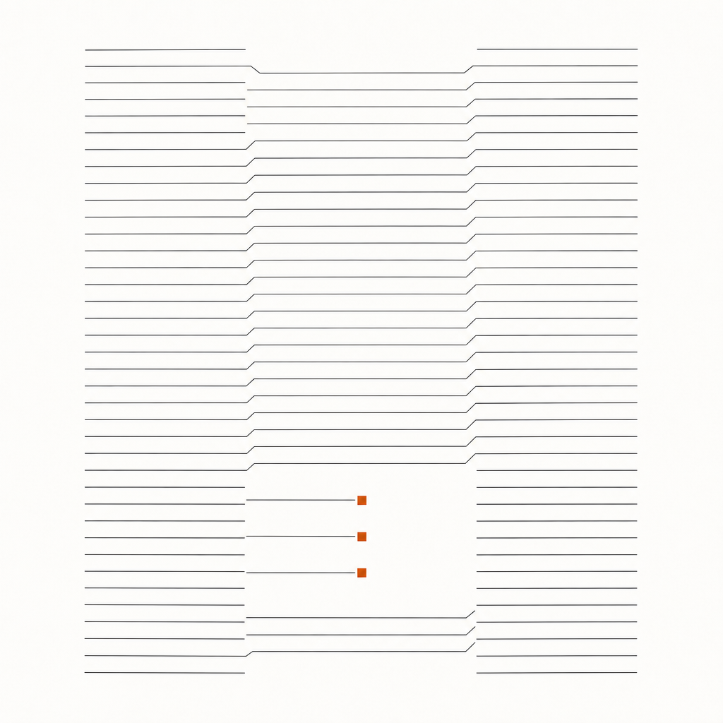 Hairline diagram of two ledgers matched row by row, three unmatched rows marked